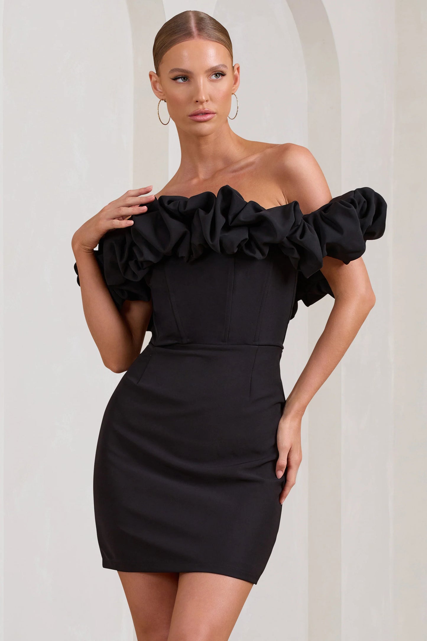 Dawn | Black Ruffled Bardot Mini Dress