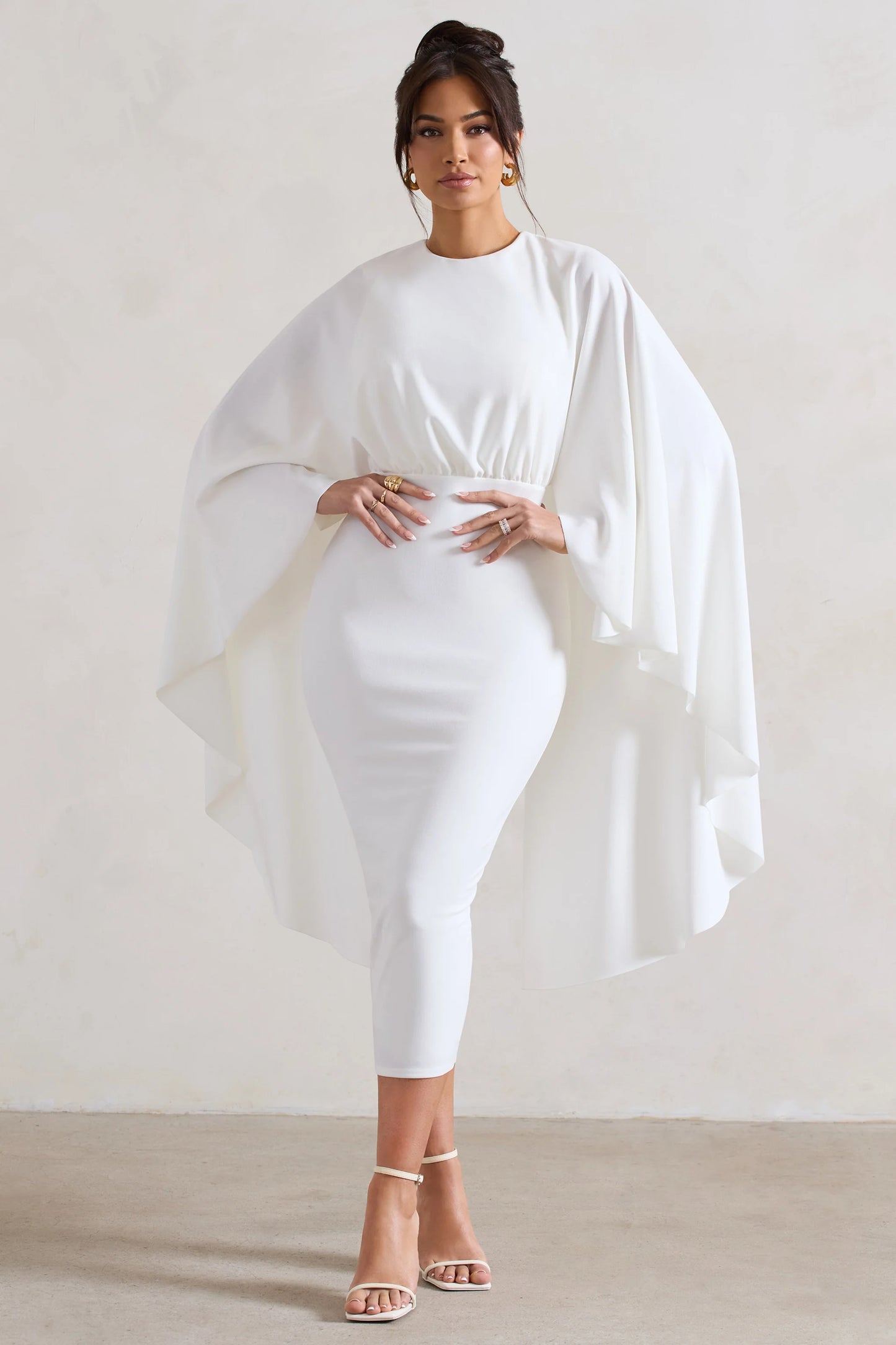 Tranquility | White Gathered Midi Dress With Cape