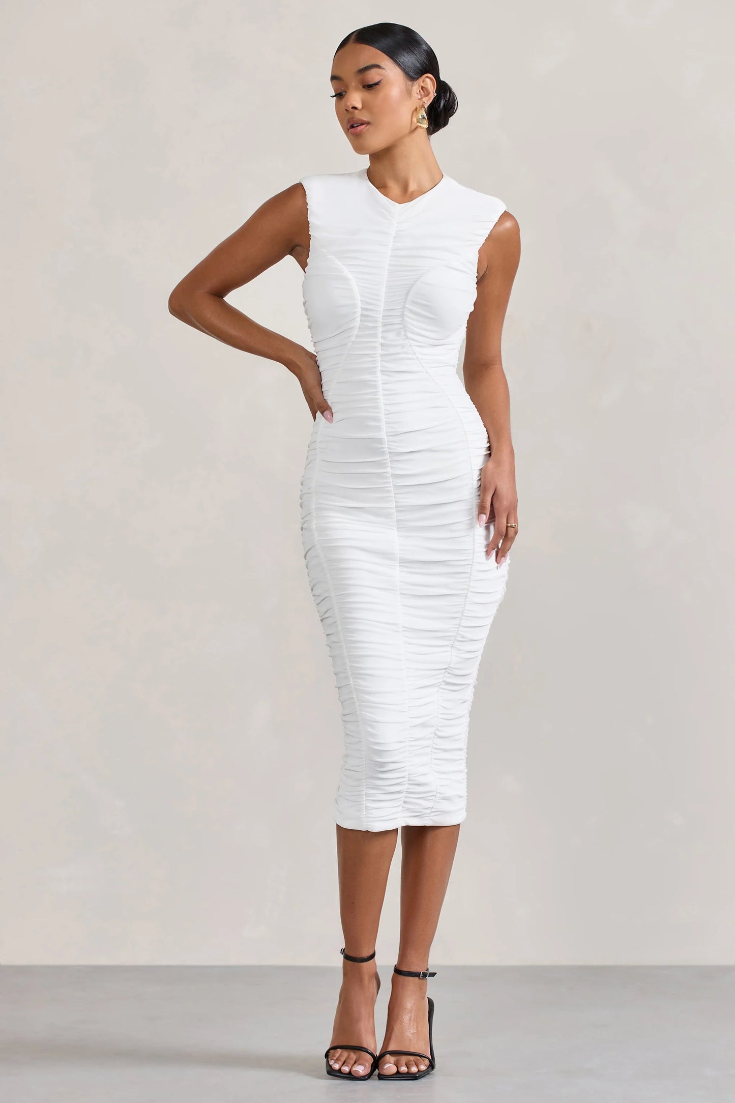 Alight  | White Ruched Mesh Sleeveless Bodycon Midi Dress