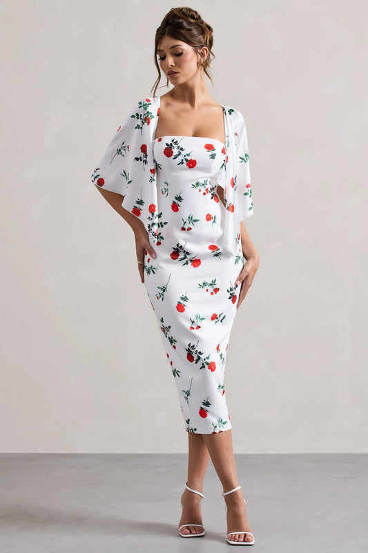 Bonita | Rose Print Cape-Sleeve Midi Dress