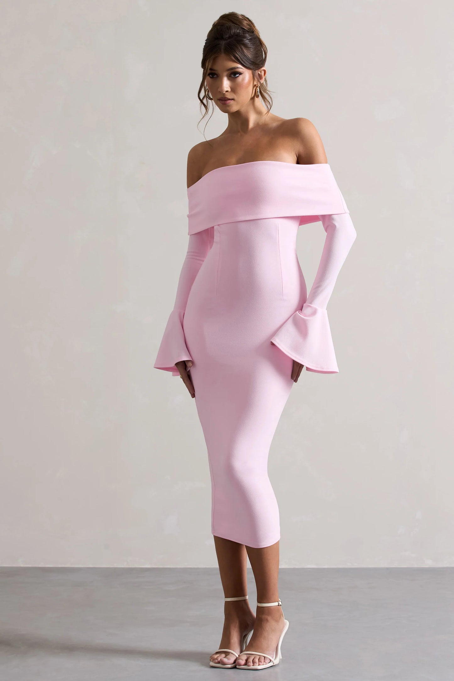 Emma | Pink Bardot Flared-Sleeve Midi Dress