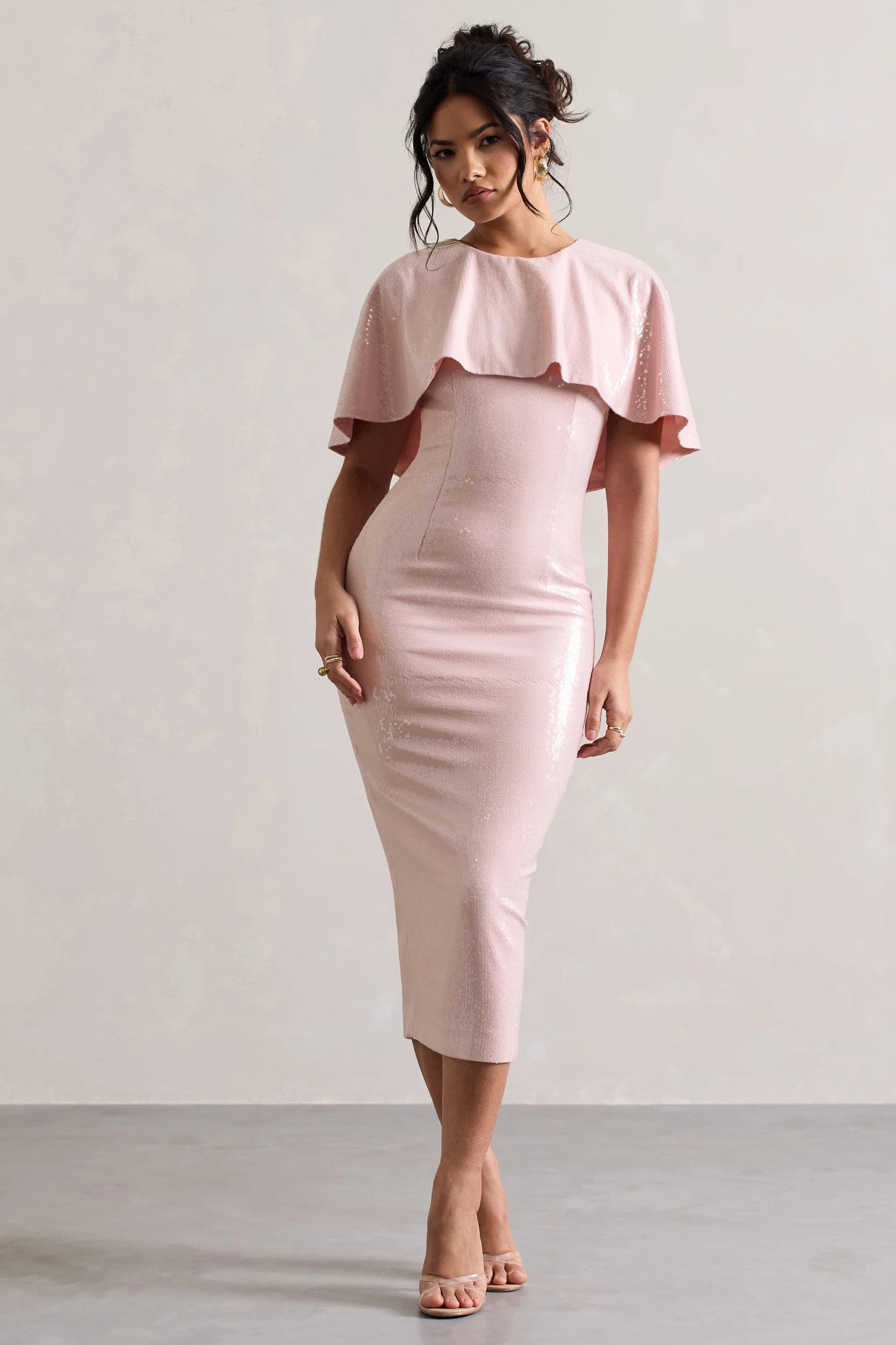 Amelie | Pastel Pink Sequin Midi Dress With Cape