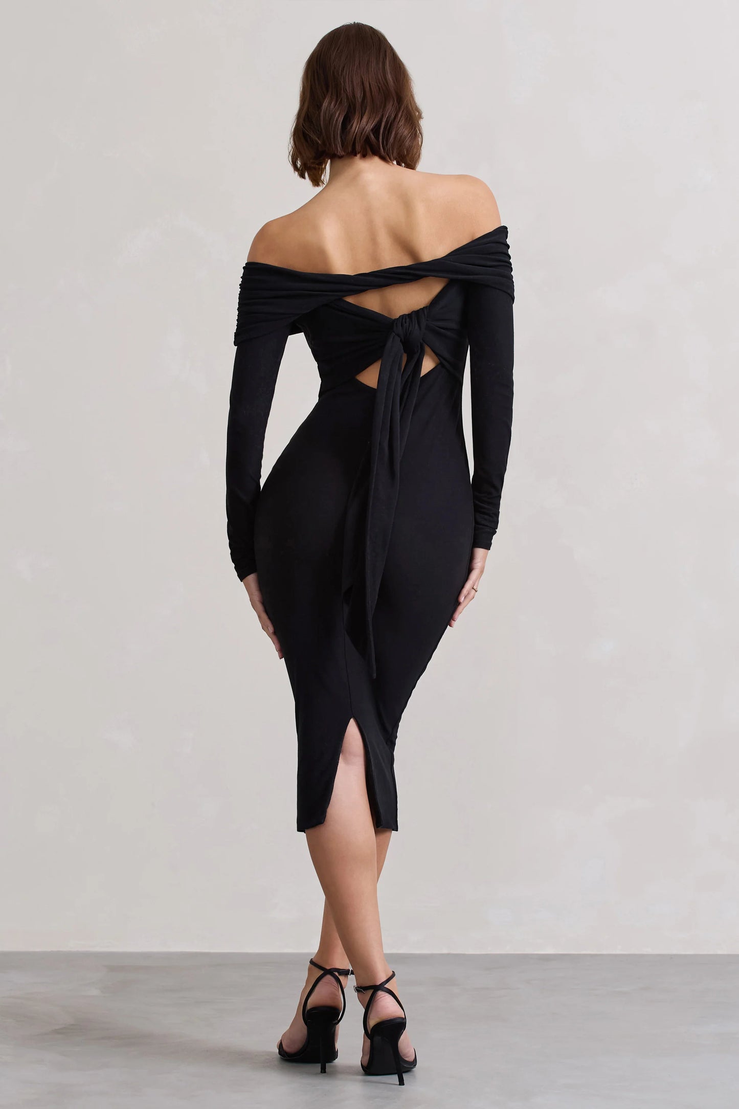 Intercept | Black Bodycon Bardot Tie-Back Midi Dress