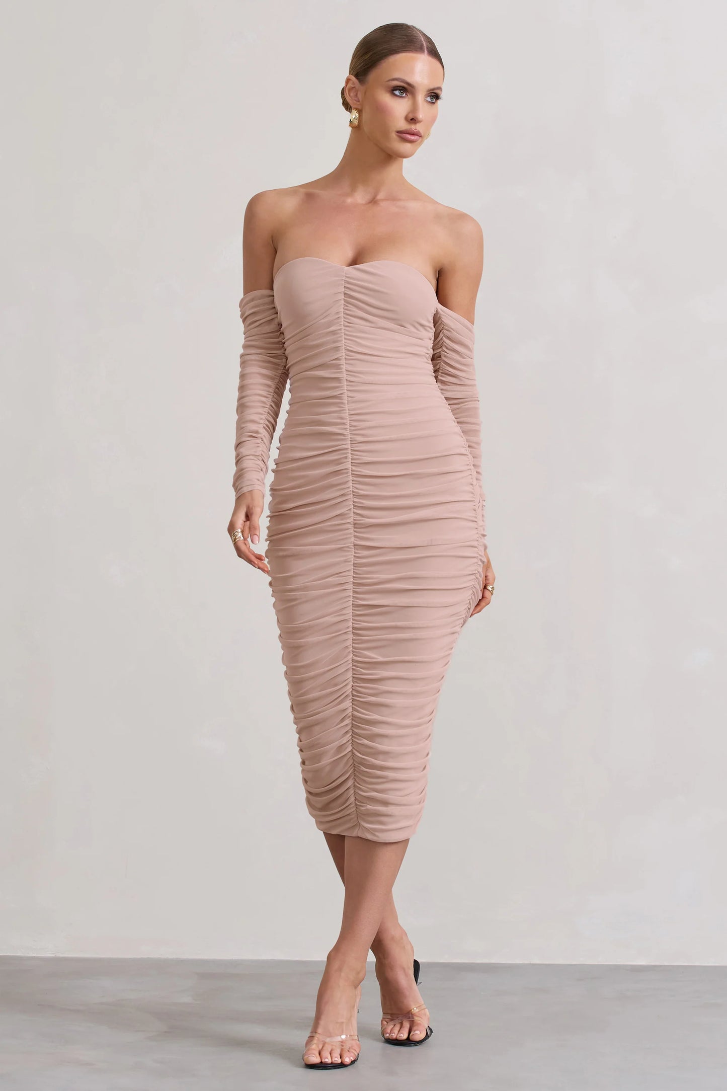 Indy | Champagne Ruched Strapless Long-Sleeve Midi Dress