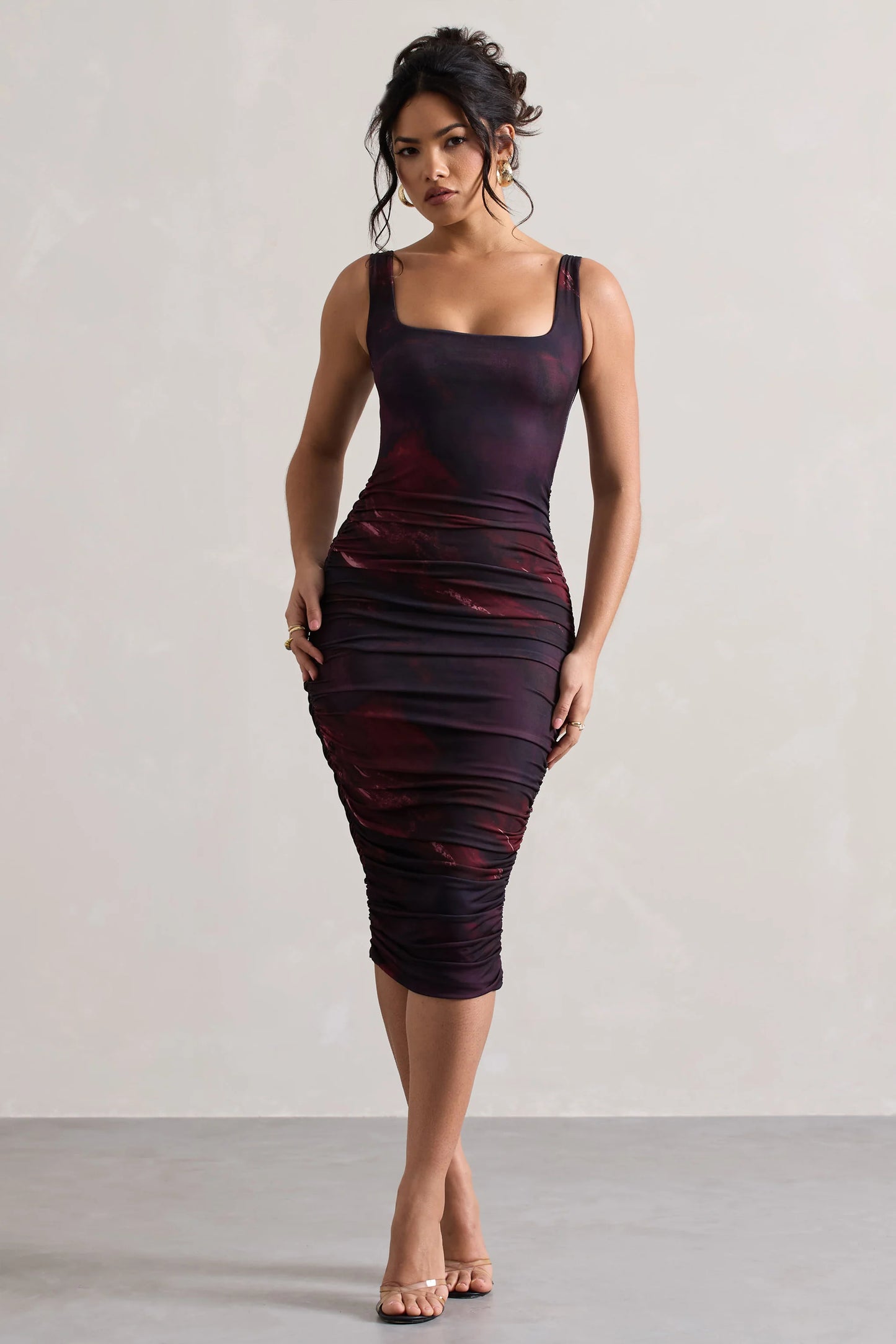 Lisbon | Plum Print Square Neck Ruched Midi Dress