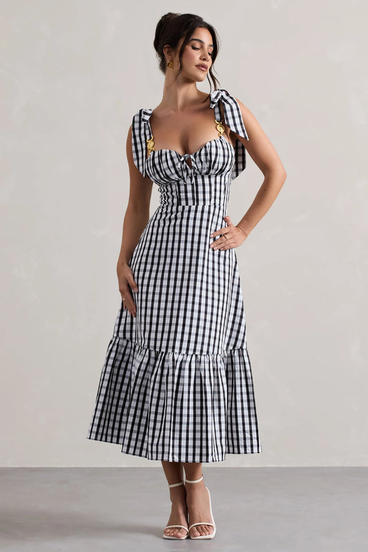 Brighton | Black & White Gingham Sweetheart Midi Dress