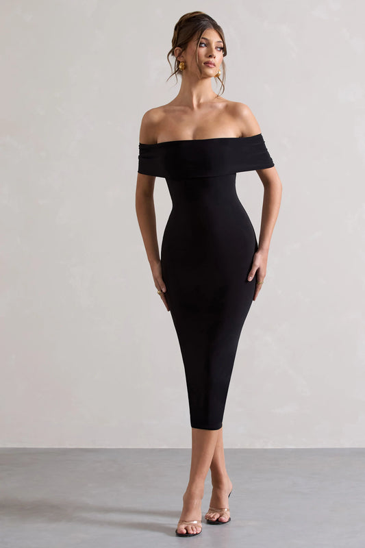 Averie | Black Bodycon Bardot Midi Dress