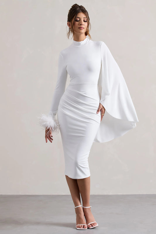 Tamika | White High-Neck Cape-Sleeve Midi Dress With Feathers