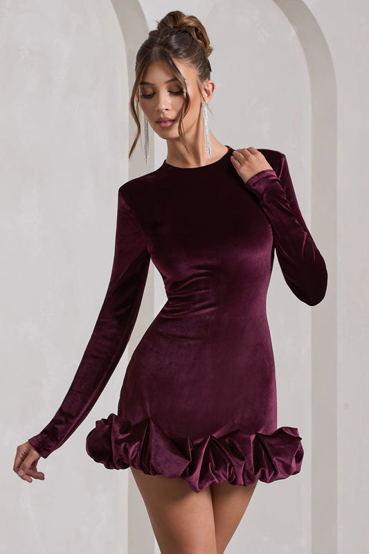 Claudine | Port Velvet Long-Sleeved Ruffled Mini Dress