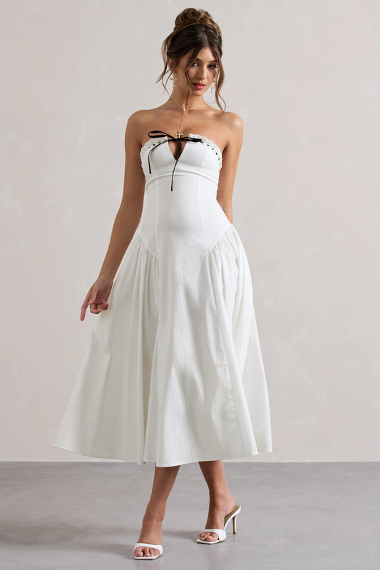 Serrenti | White Poplin Strapless Lace Detail Midi Dress With Volume Skirt