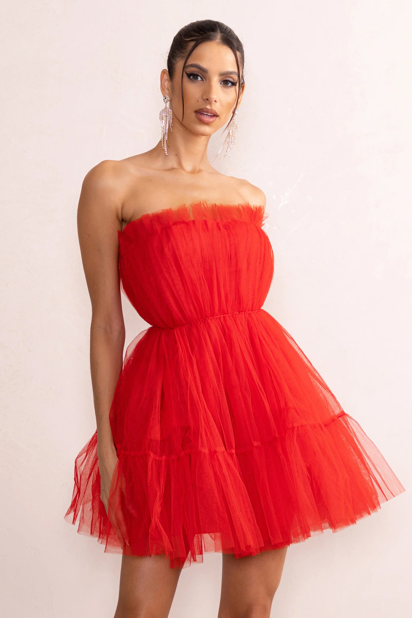 Aella | Red Bandeau Volume Pleated Tulle Mini Dress