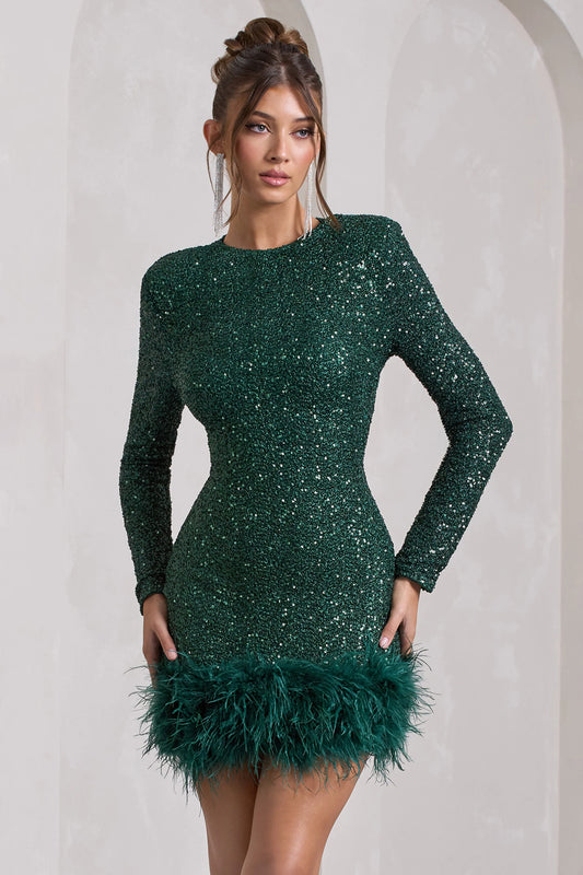 Claudia | Bottle Green Sequin High Neck Feather Hem Mini Dress With Long Sleeves