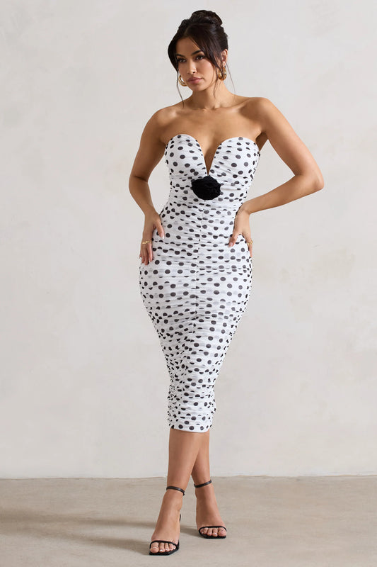 Taken | White Polka Dot Ruched Mesh Midi Dress With Corsage