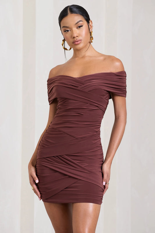 High Ground | Chocolate Brown Twisted Wrap Bardot Mini Dress