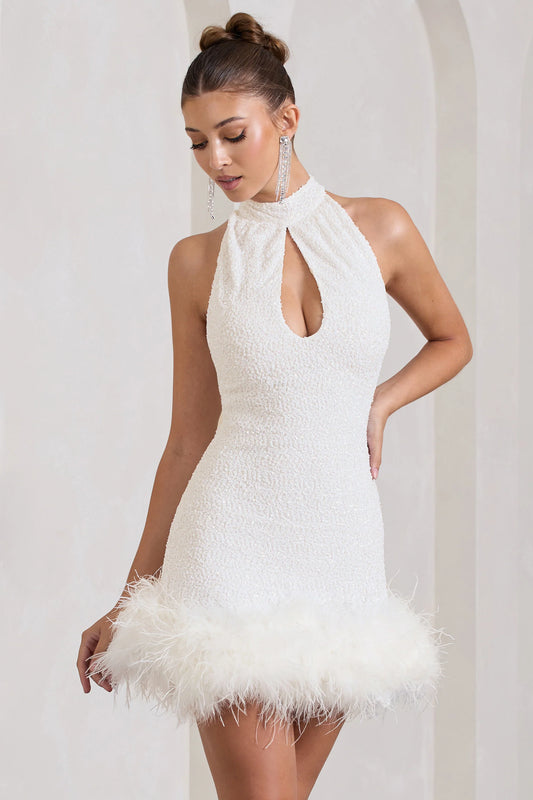 Tillie | White Sequin High Neck Trapeze Mini Dress With Feather Hem Detail