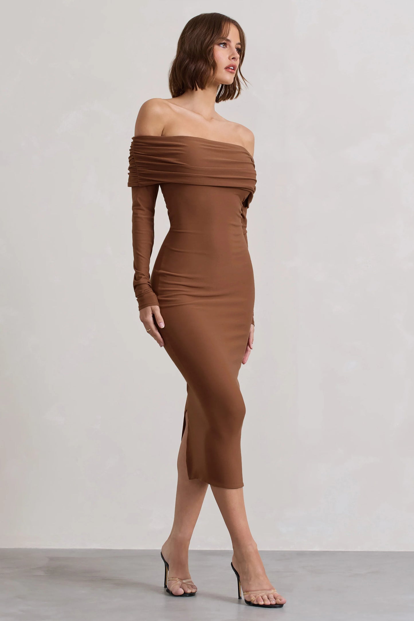 Intercept | Brown Bodycon Bardot Tie-Back Midi Dress