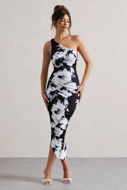 Dorit | Monochrome Floral Print One Shoulder Asymmetric Ruched Midi Dress