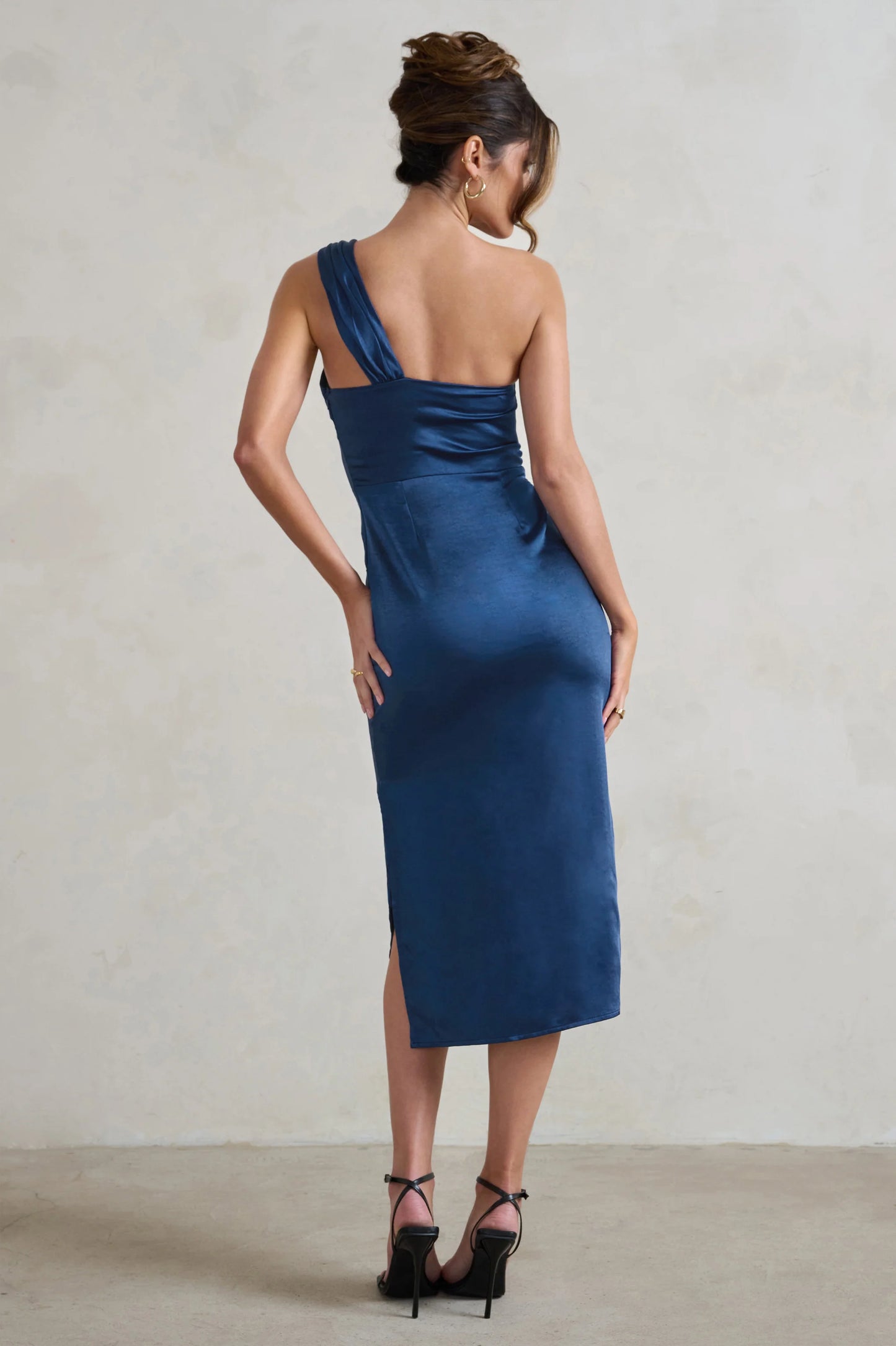 Steffie | Navy Asymmetric Satin Midi Dress