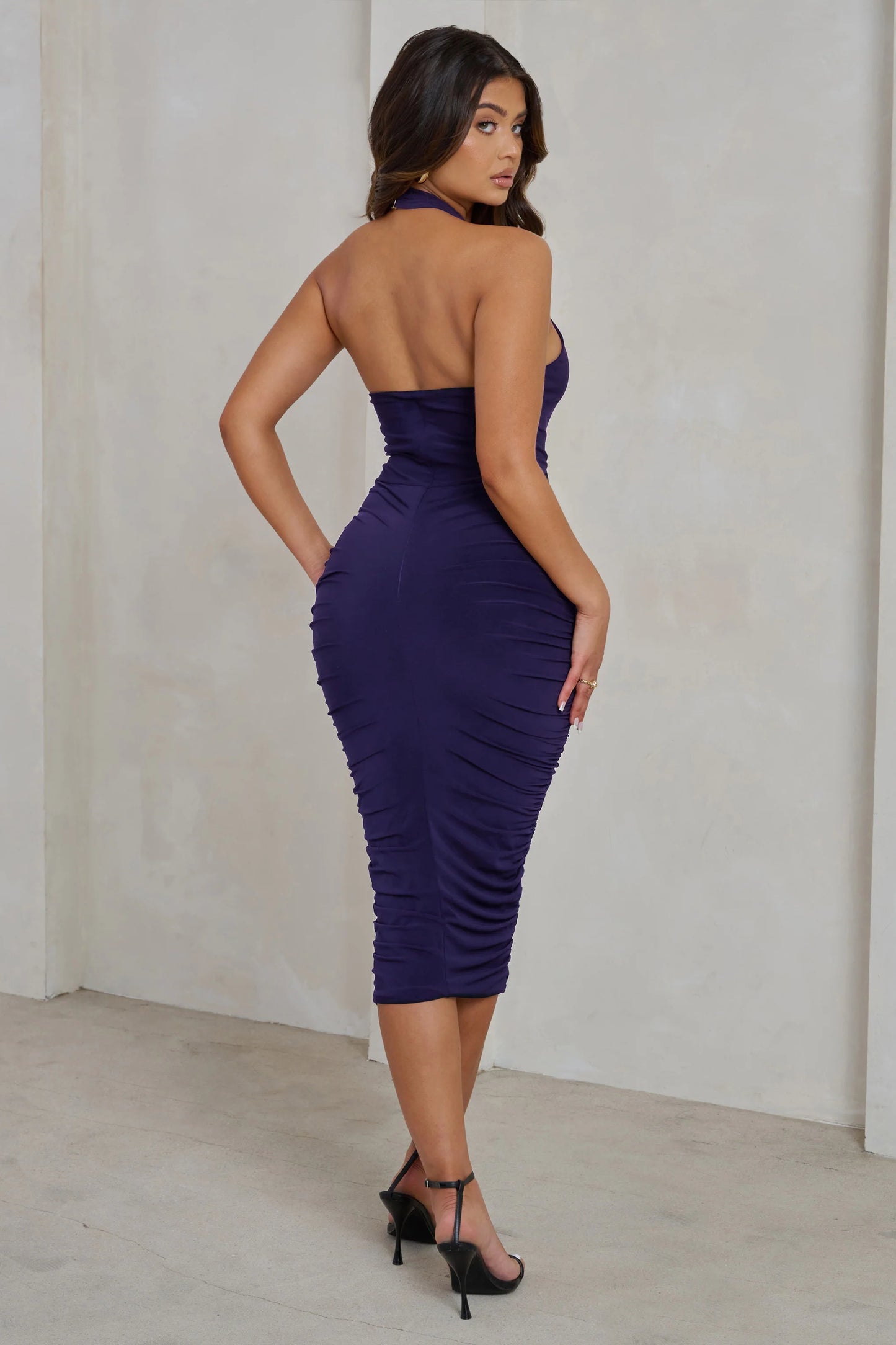 Chrissy | Purple Halterneck Ruched Midi Dress