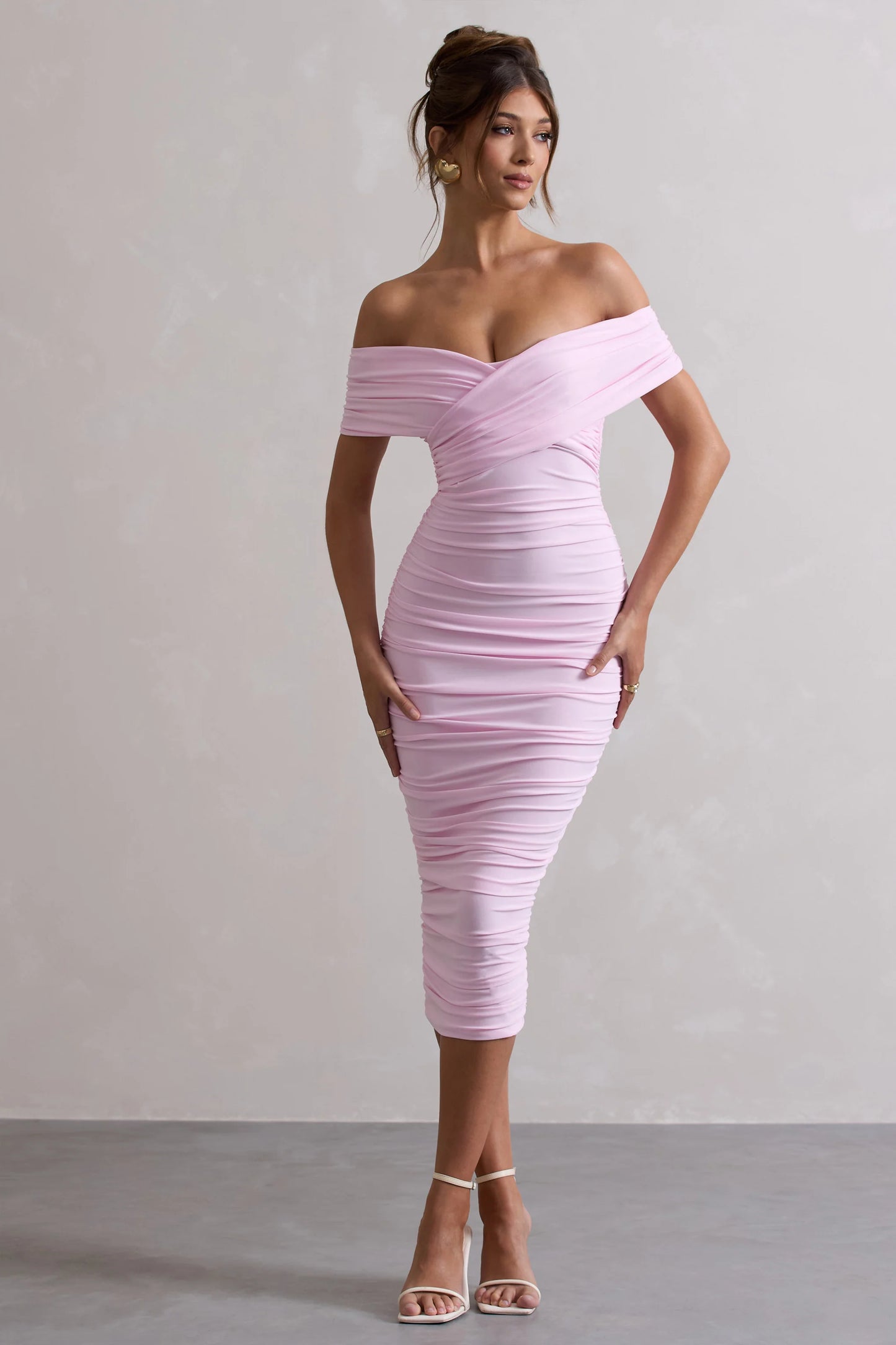 Unwrapped | Pink Ruched Twist Bardot Midi Dress