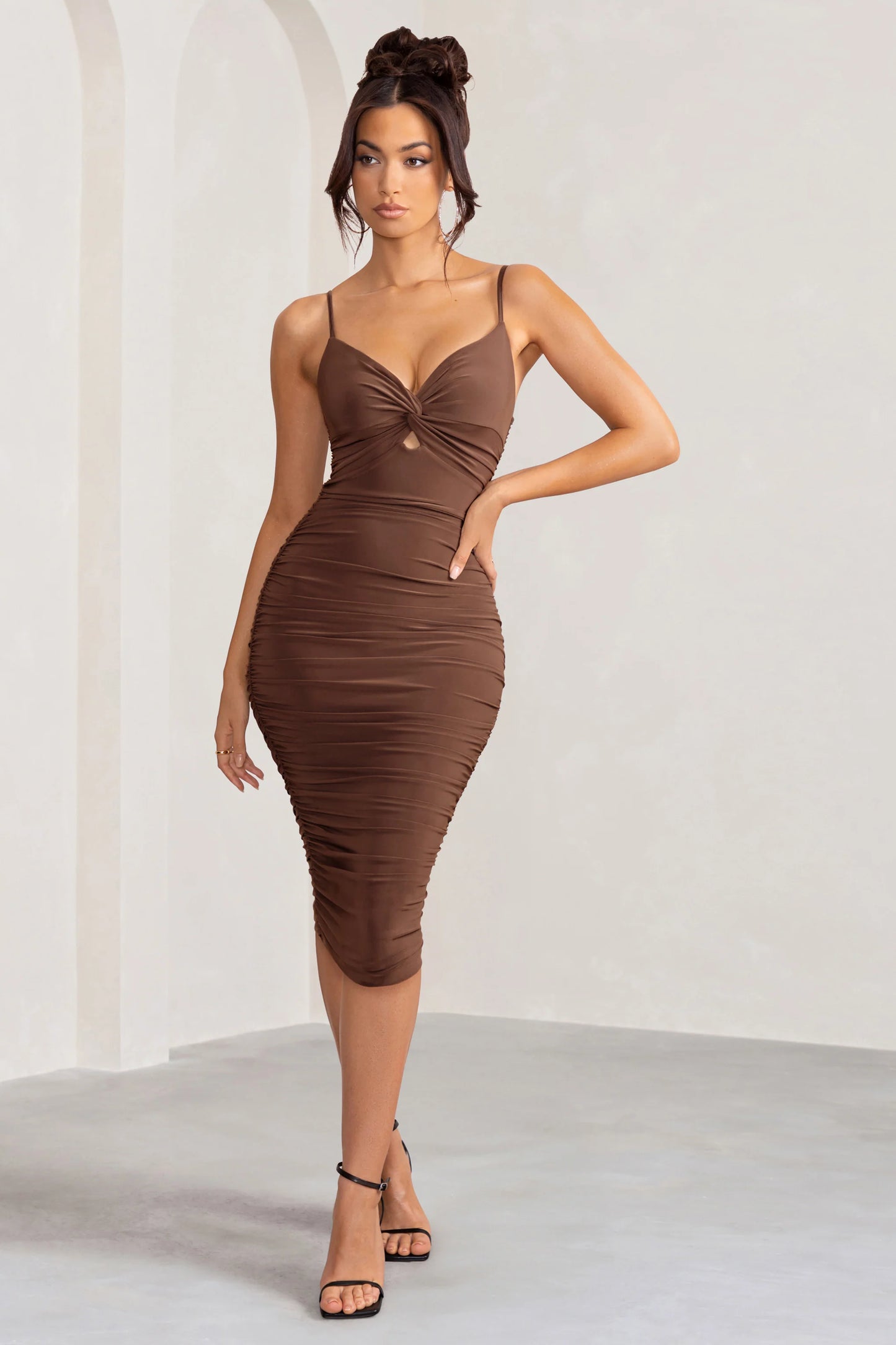 Desired | Chocolate Knot Detail Ruched Midi Dress