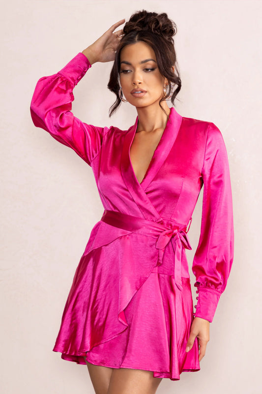 Gemstone | Hot Pink Satin Belted Wrap Mini Dress