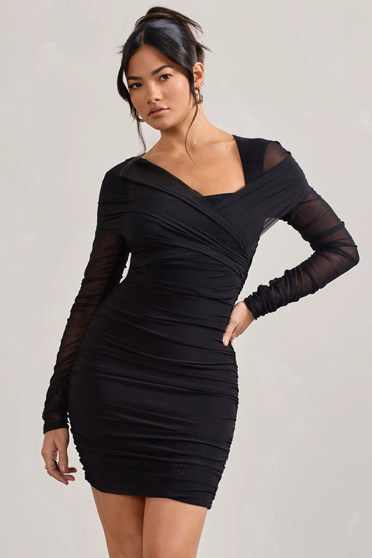 Sparks Fly | Black Ruched Mesh Long-Sleeved Bodycon Mini Dress