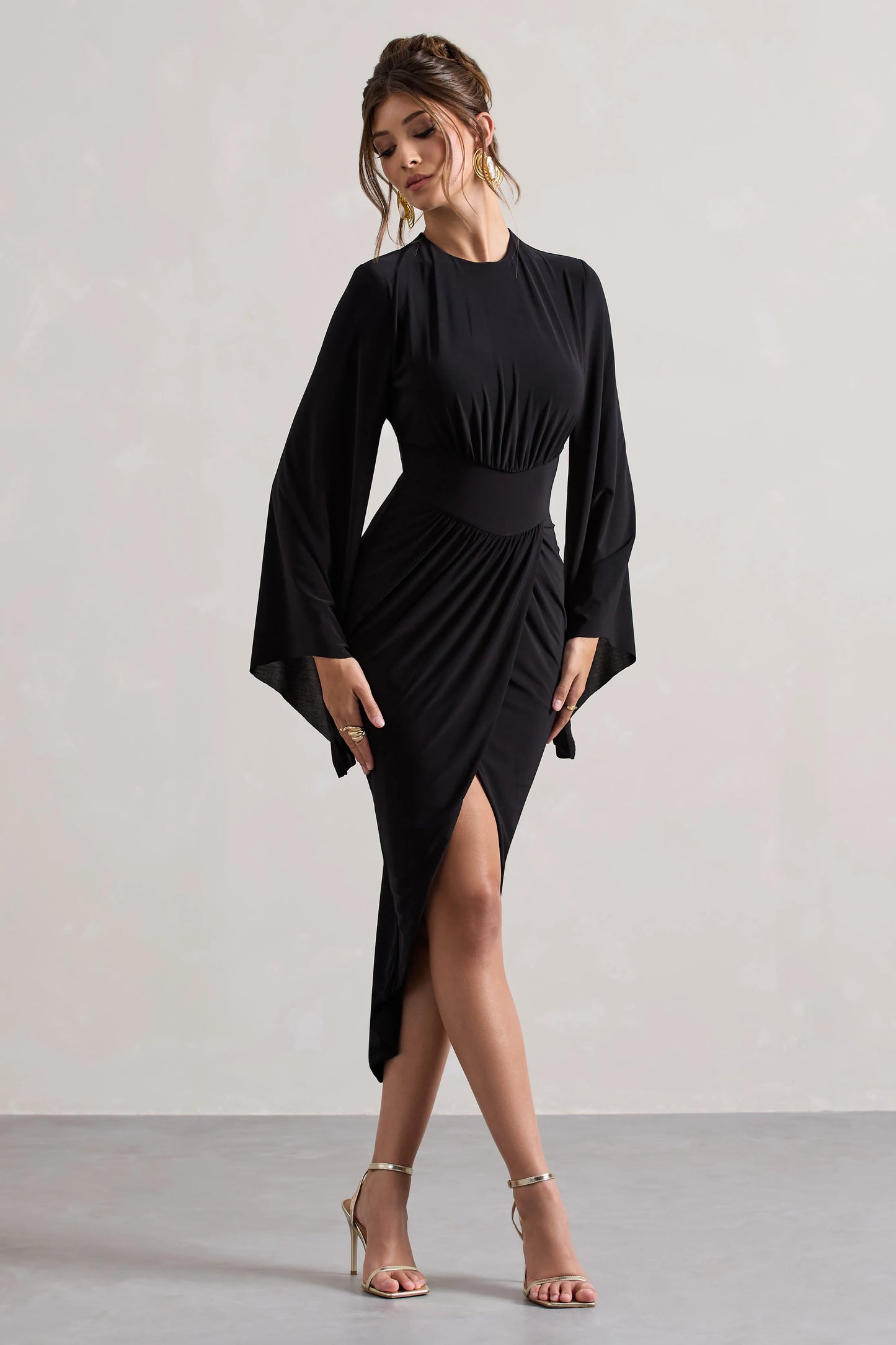 Lennox | Black Drape-Sleeve Gathered Midi Dress