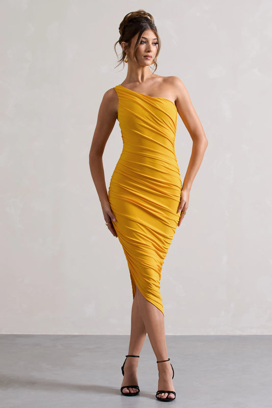 Dorit | Yellow One Shoulder Asymmetric Ruched Midi Dress