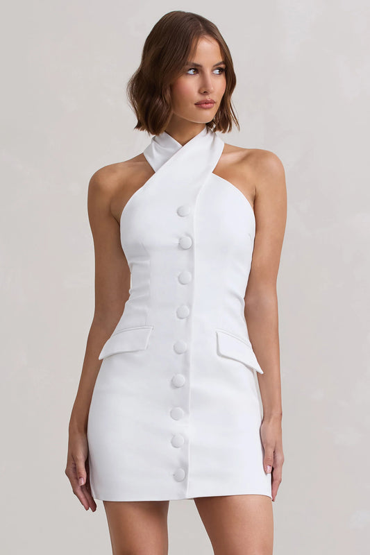 Dani | White Halter Neck Tailored Buttoned Bodycon Mini Dress