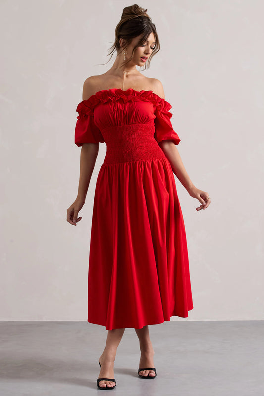 Romeo | Red Poplin Bardot Ruffle Midi Dress