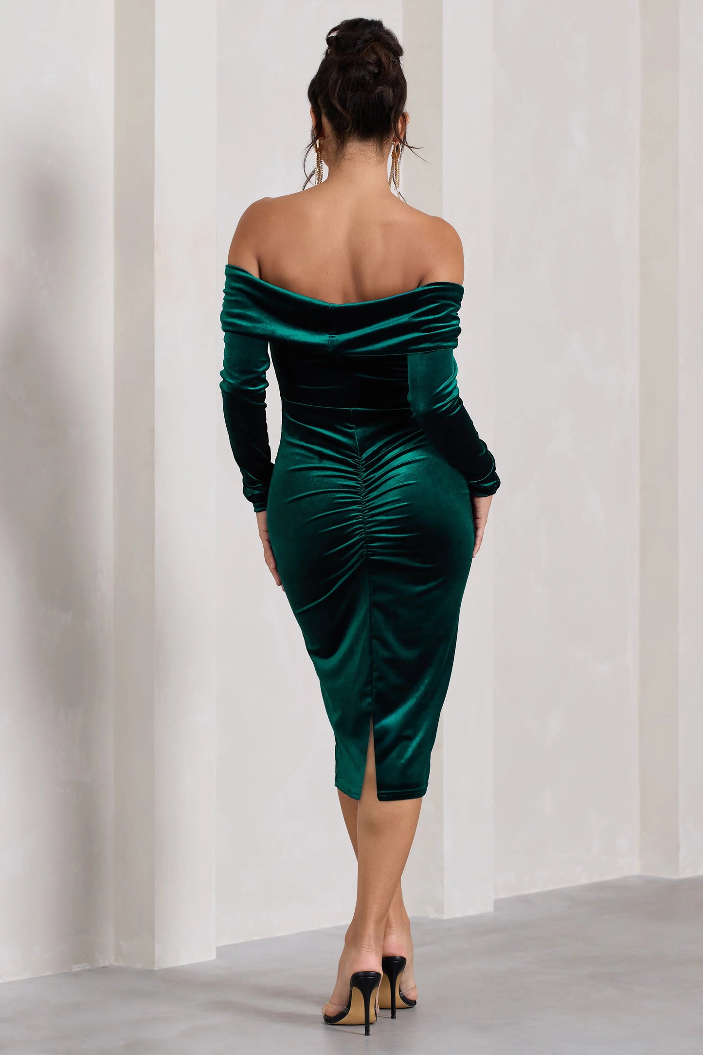 Compliment | Bottle Green Velvet Bardot Midi Dress