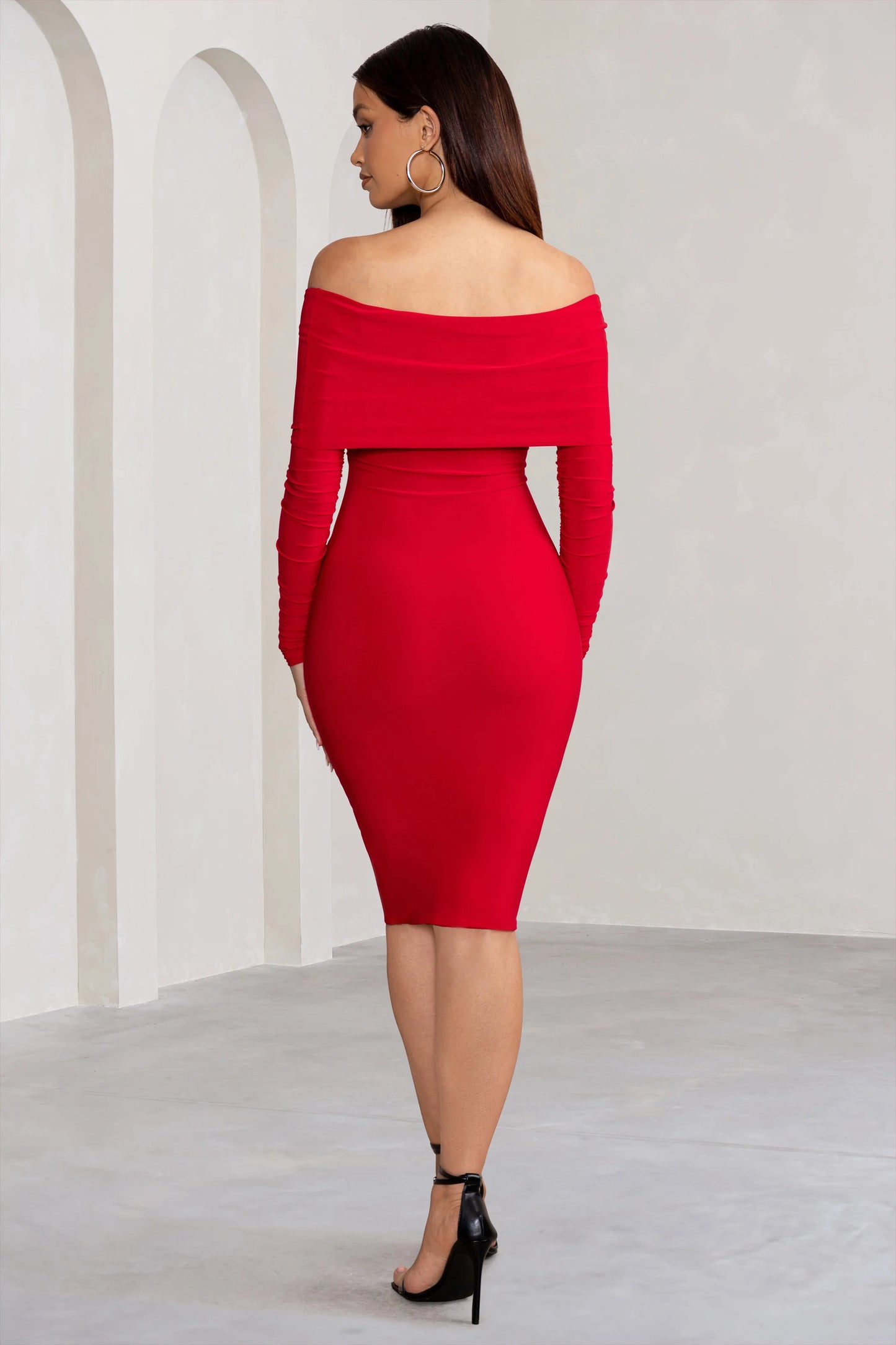 Flatter Me | Red Twist Front Bardot Midi Dress