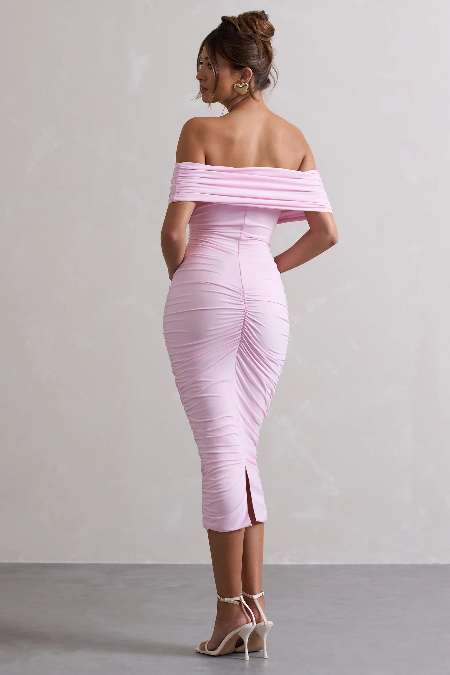 Unwrapped | Pink Ruched Twist Bardot Midi Dress