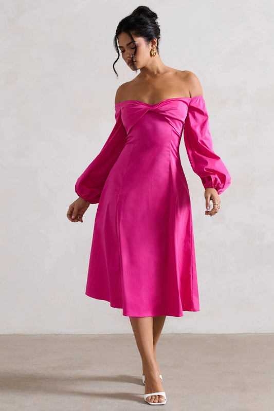 Santino | Bright Plum Twisted Bardot Puff-Sleeve Midi Dress