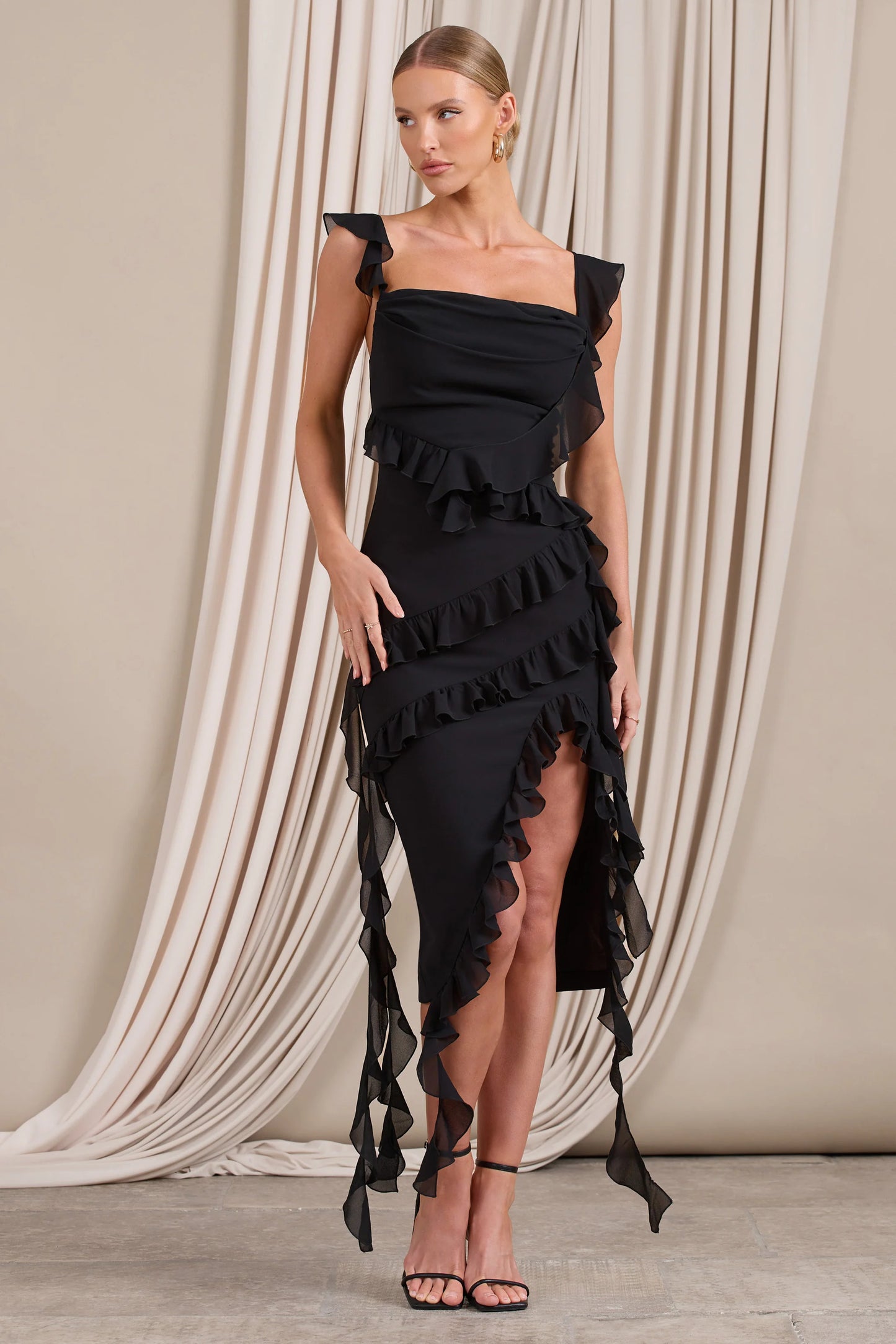 Havana Heat | Black Cowl Ruffle Chiffon Midi Dress