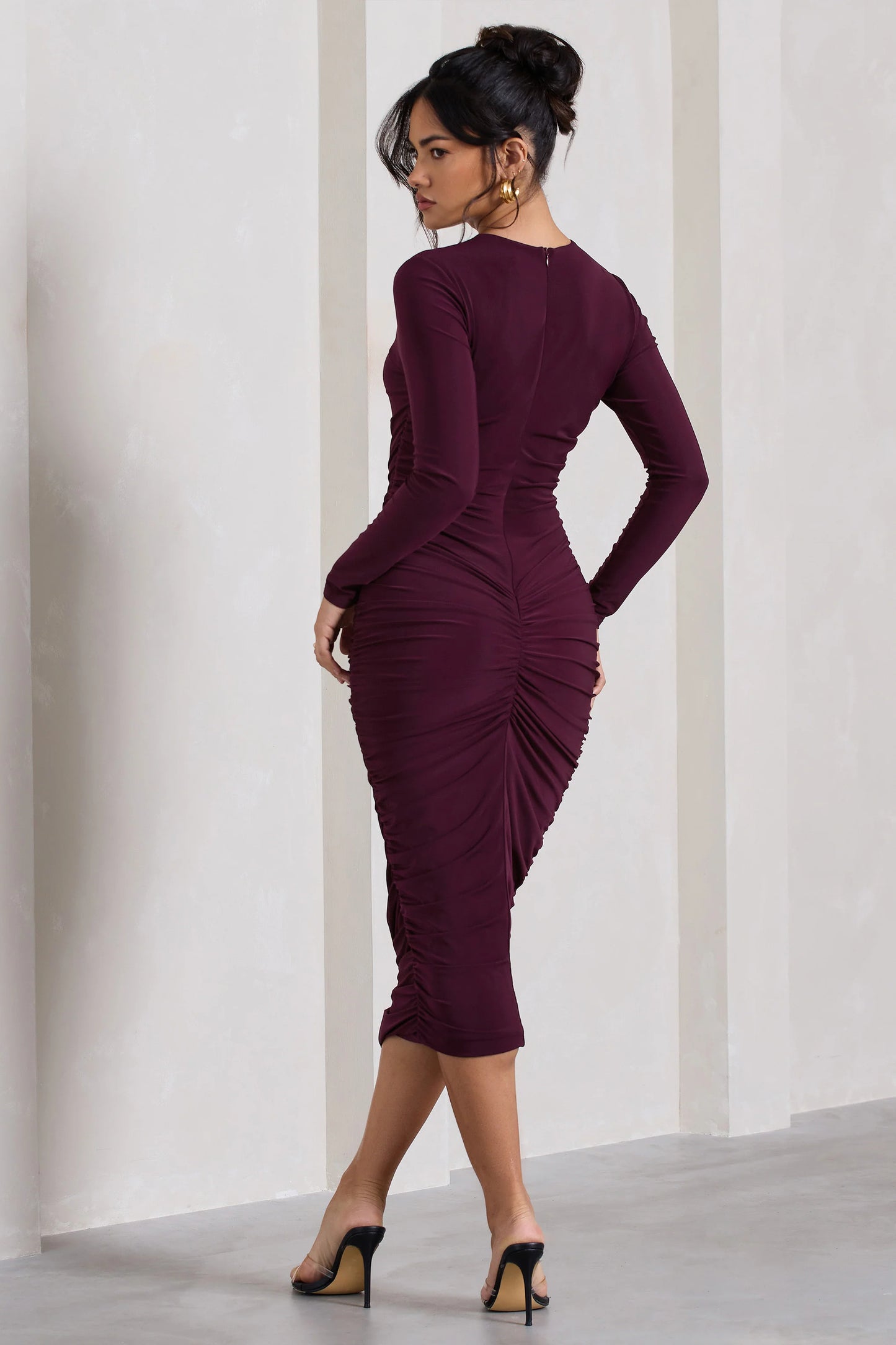 Emilie | Plum Ruched Long-Sleeve Midi Dress