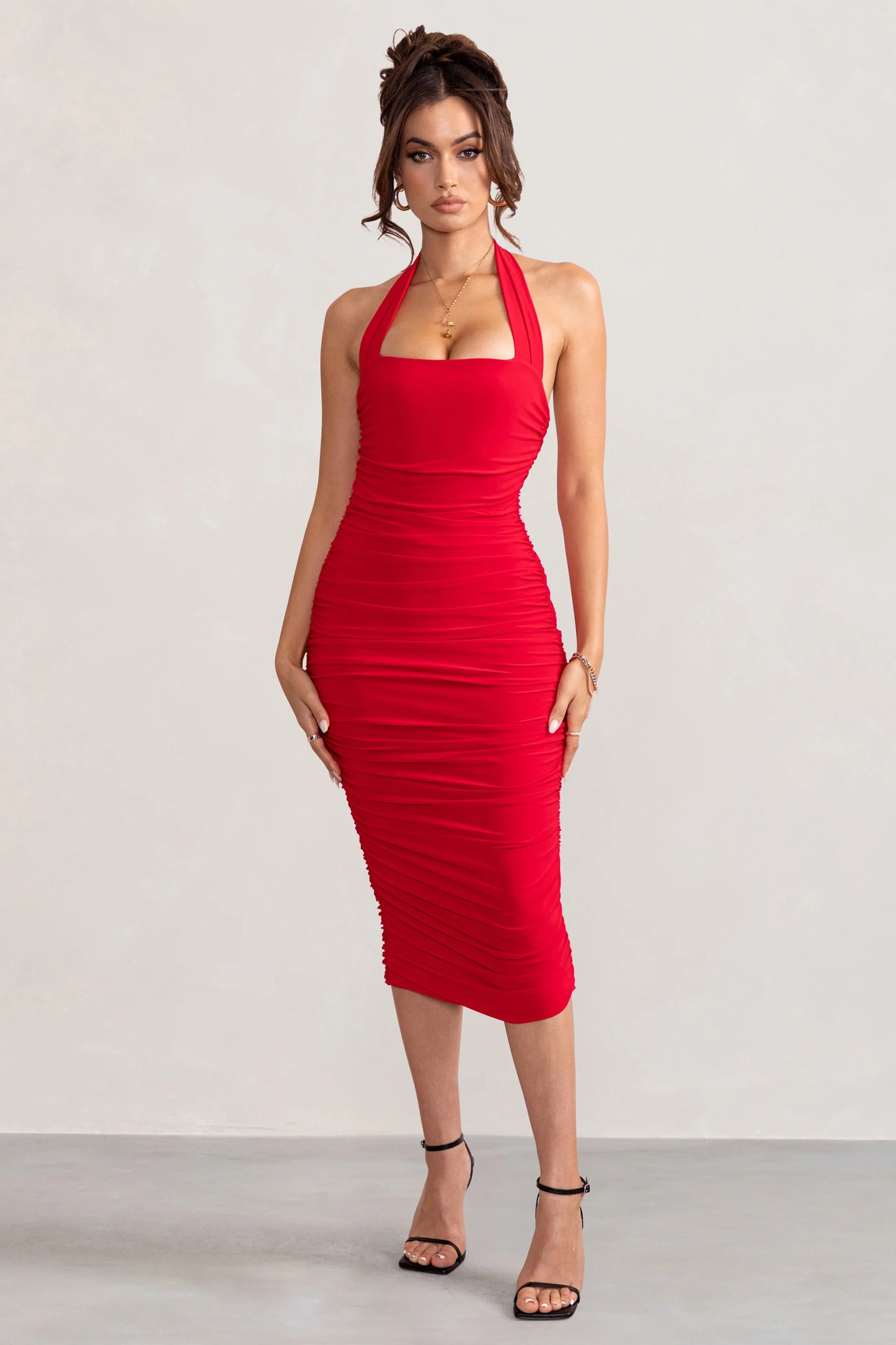 Letitia | Red Halter Neck Ruched Bodycon Midi Dress