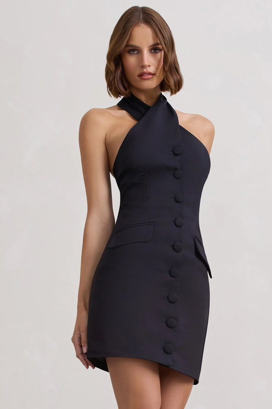 Dani | Black Halter Neck Tailored Buttoned Bodycon Mini Dress