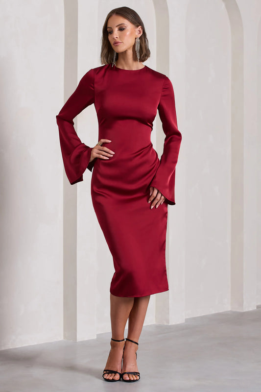 Zaina | Burgundy Long Sleeve Midi Dress with High Neckline