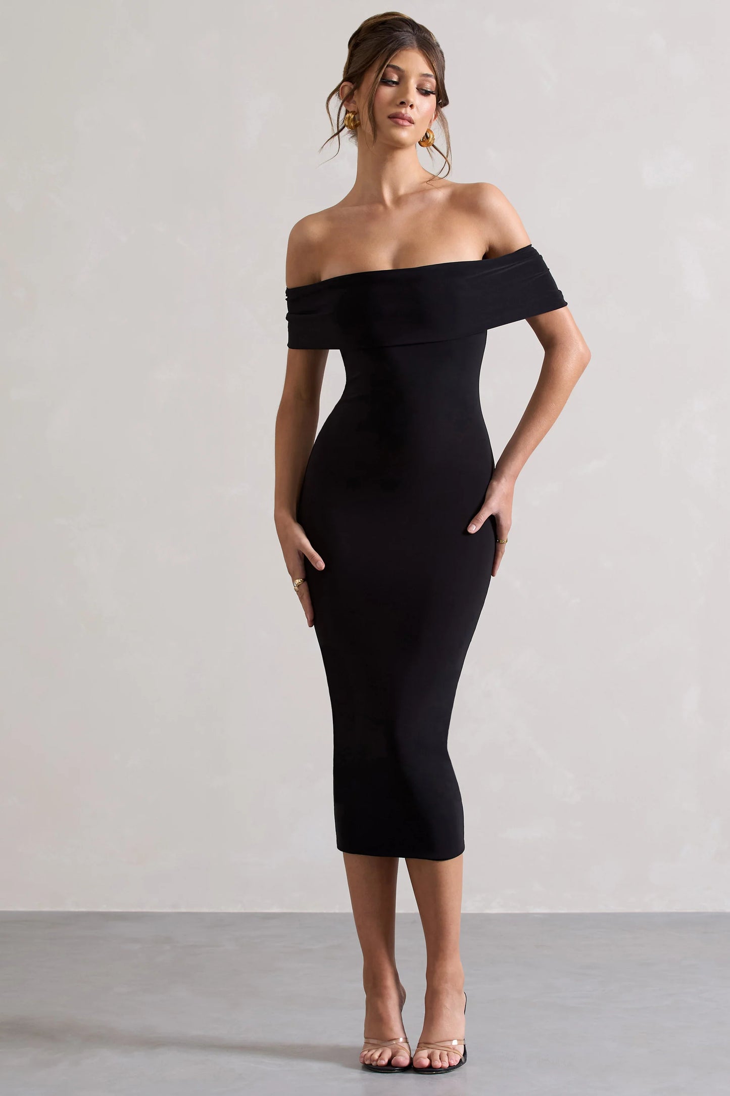 Averie | Black Bodycon Bardot Midi Dress