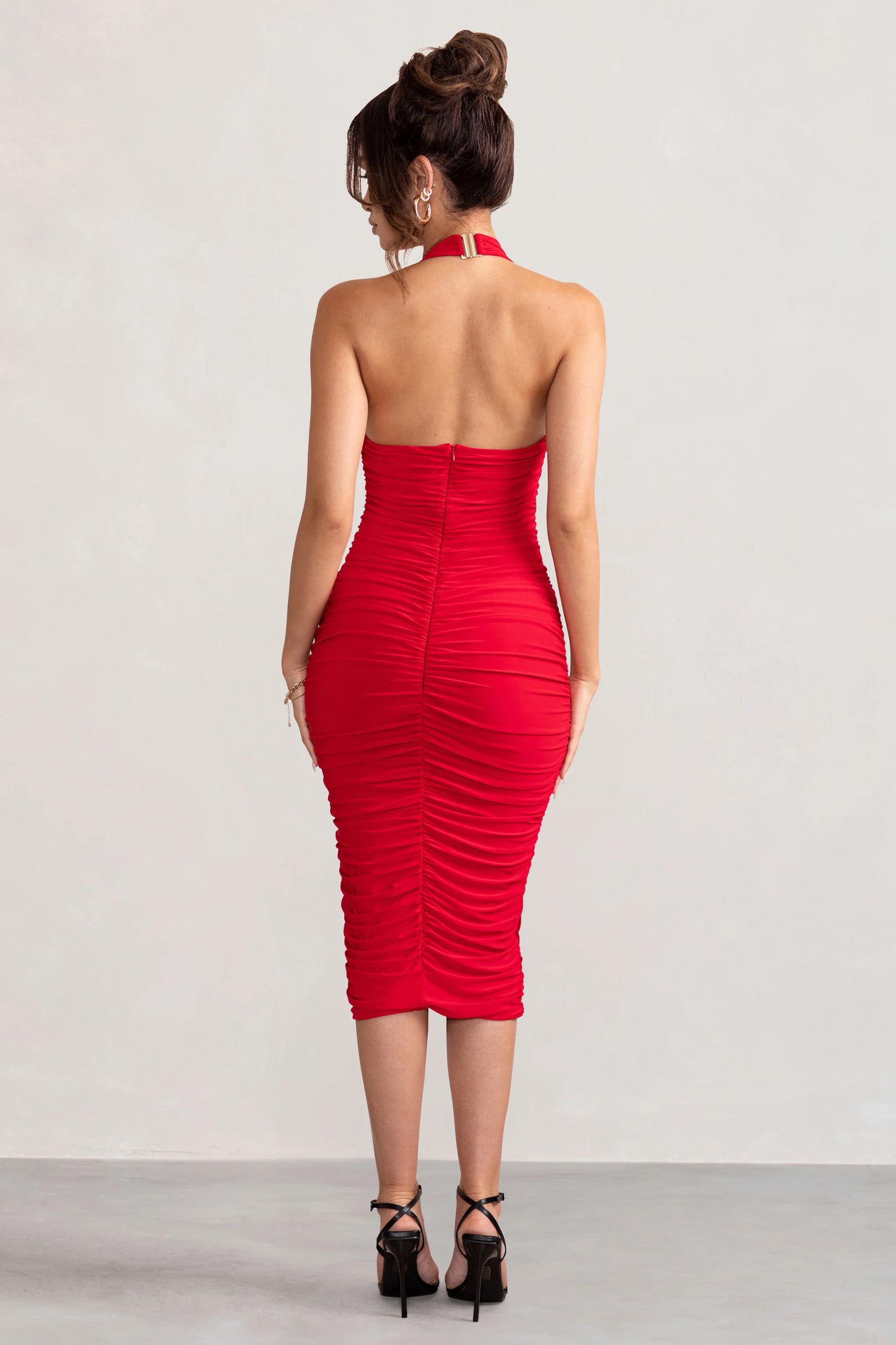 Letitia | Red Halter Neck Ruched Bodycon Midi Dress