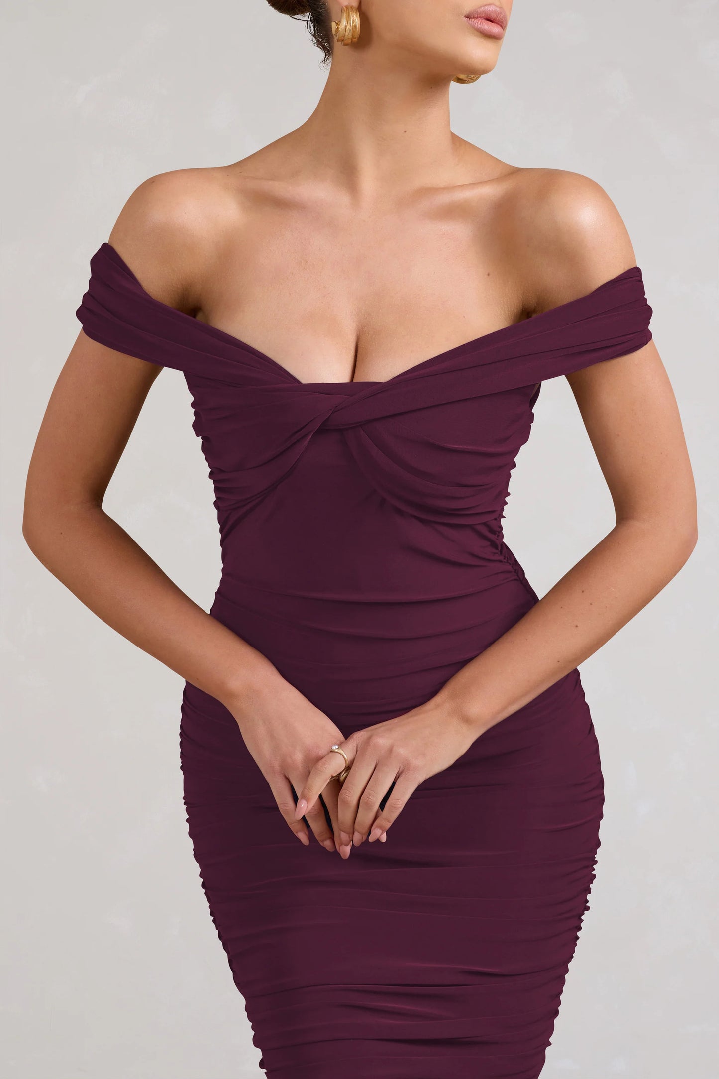 Gratitude | Plum Off The Shoulder Ruched Midi Dress