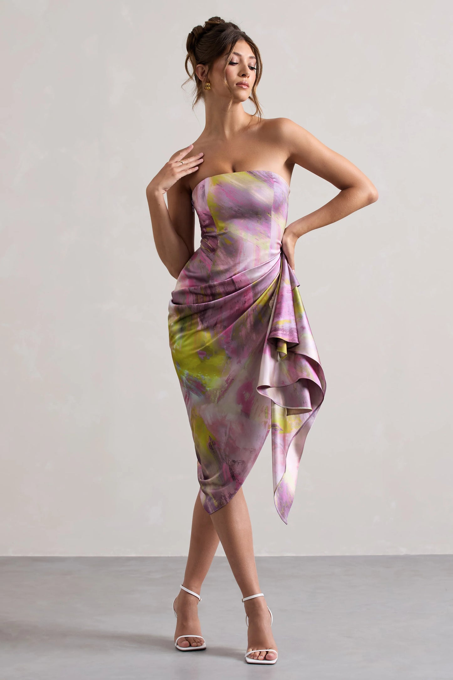 Axel | Lilac Print Satin Strapless Wrap Midi Dress