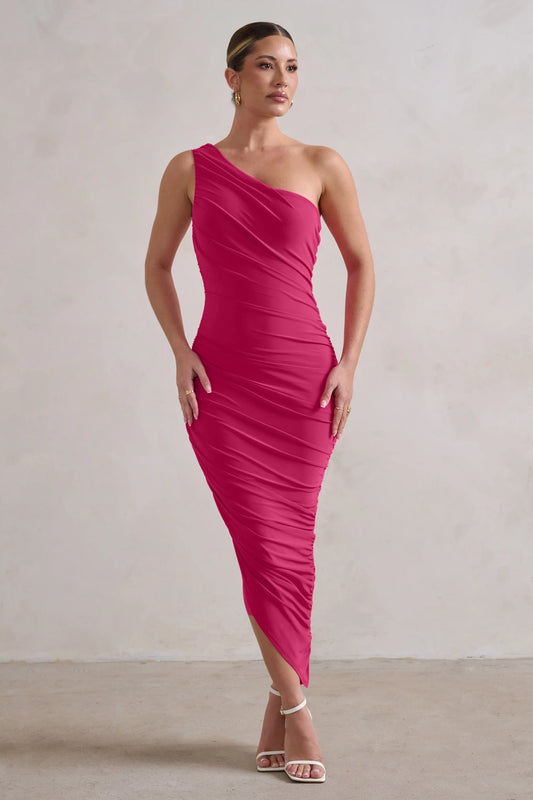 Dorit | Hot Pink One Shoulder Asymmetric Ruched Midi Dress