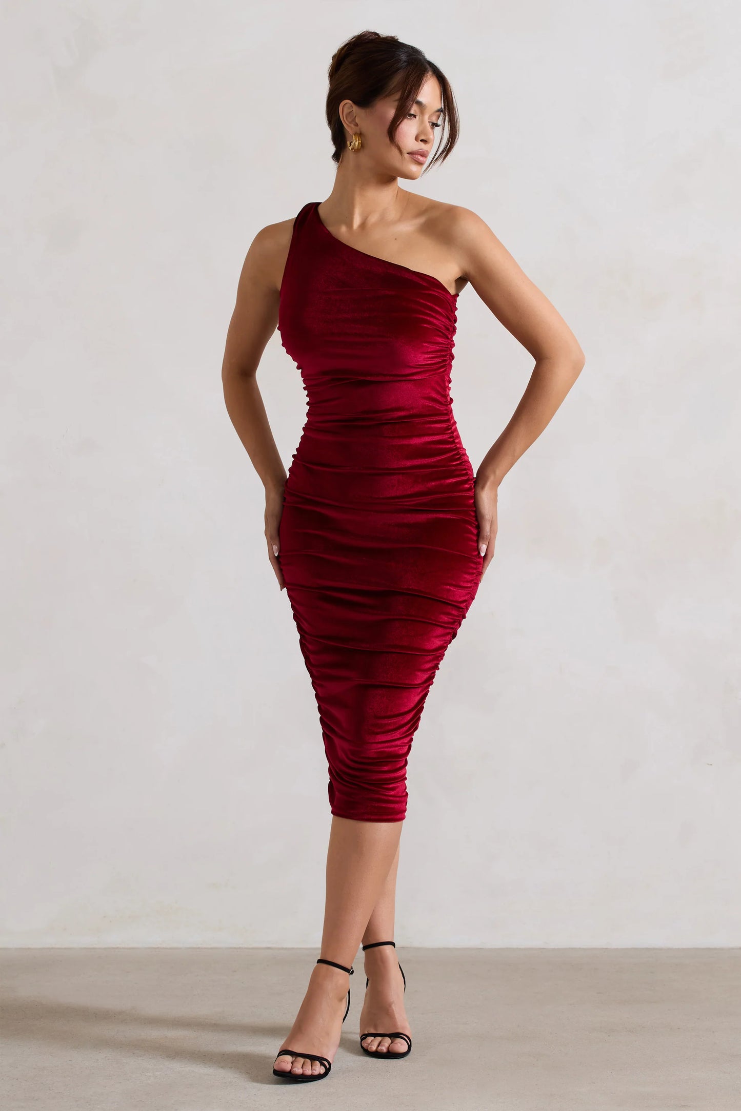 Back For More | Berry Velvet One Shoulder Ruched Midi Dress