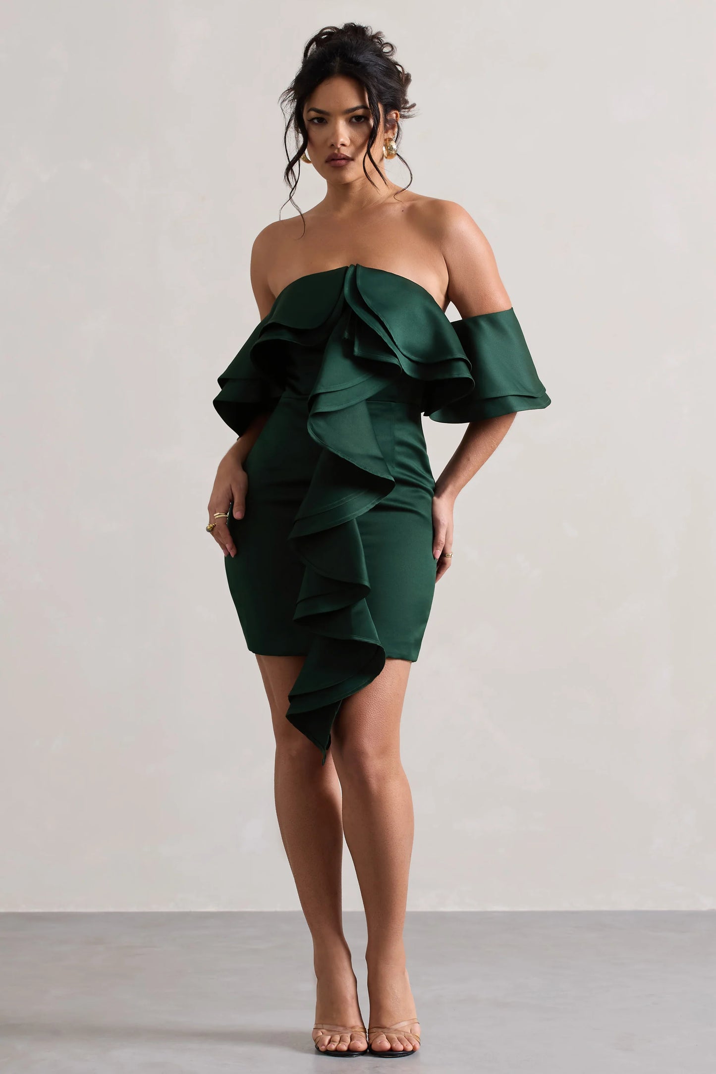 Aspen | Bottle Green Bardot Mini Dress With Ruffles