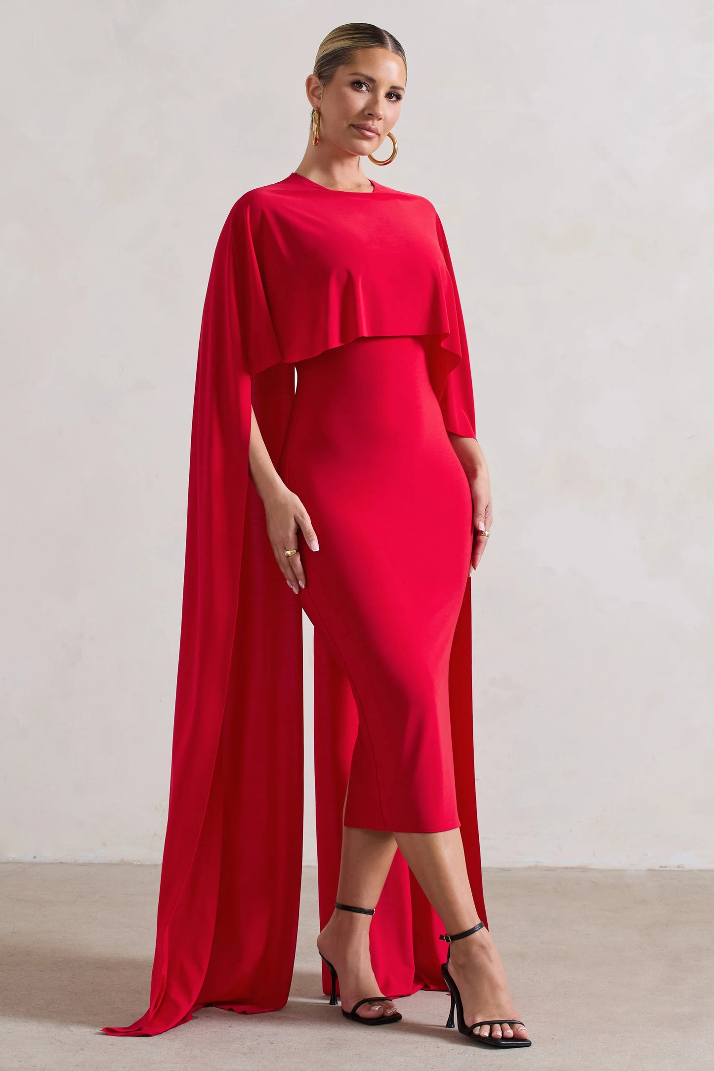 Camellia | Red Midi Dress With High-Low Cape