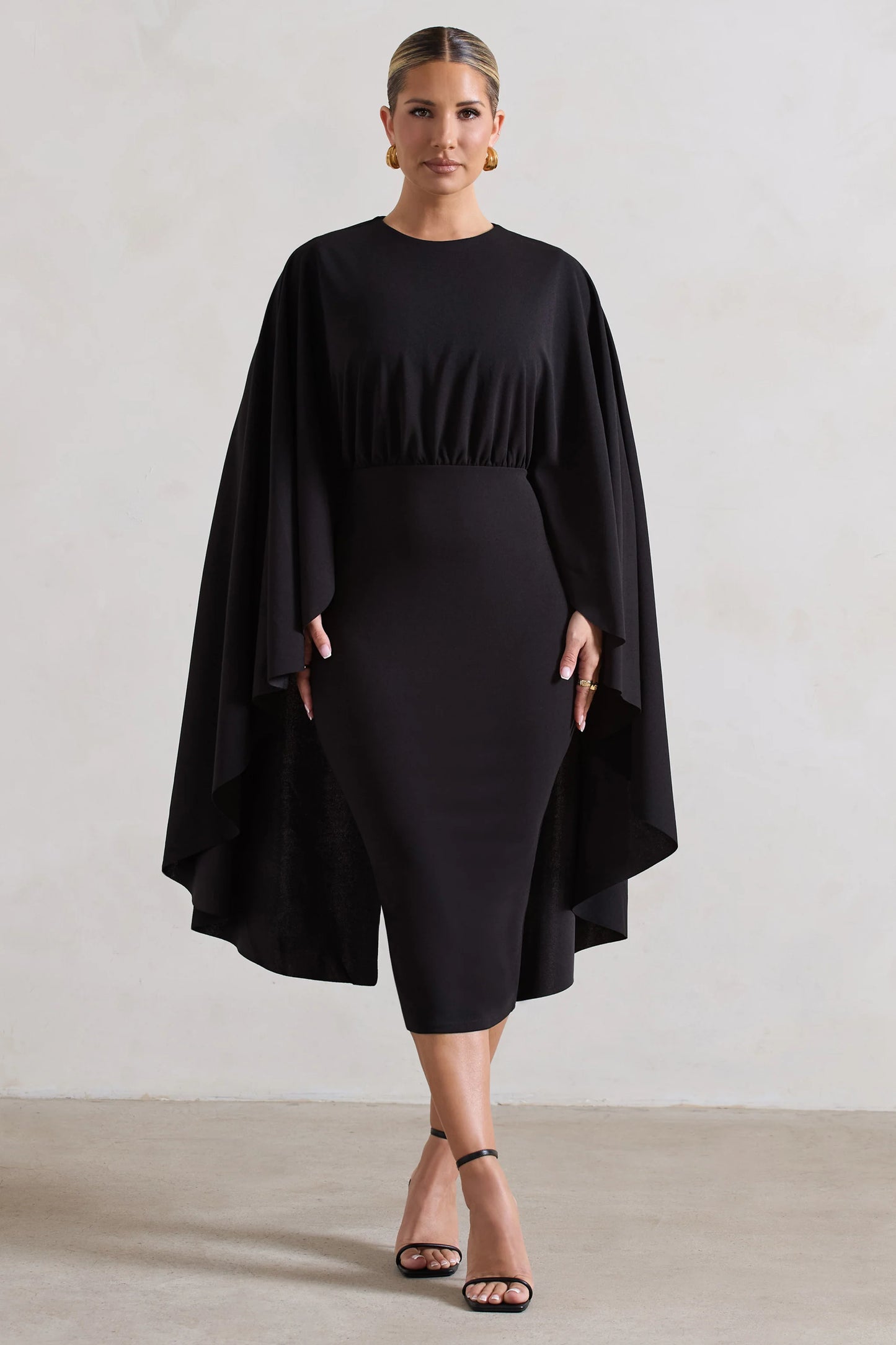 Tranquility | Black Gathered Midi Dress With Cape