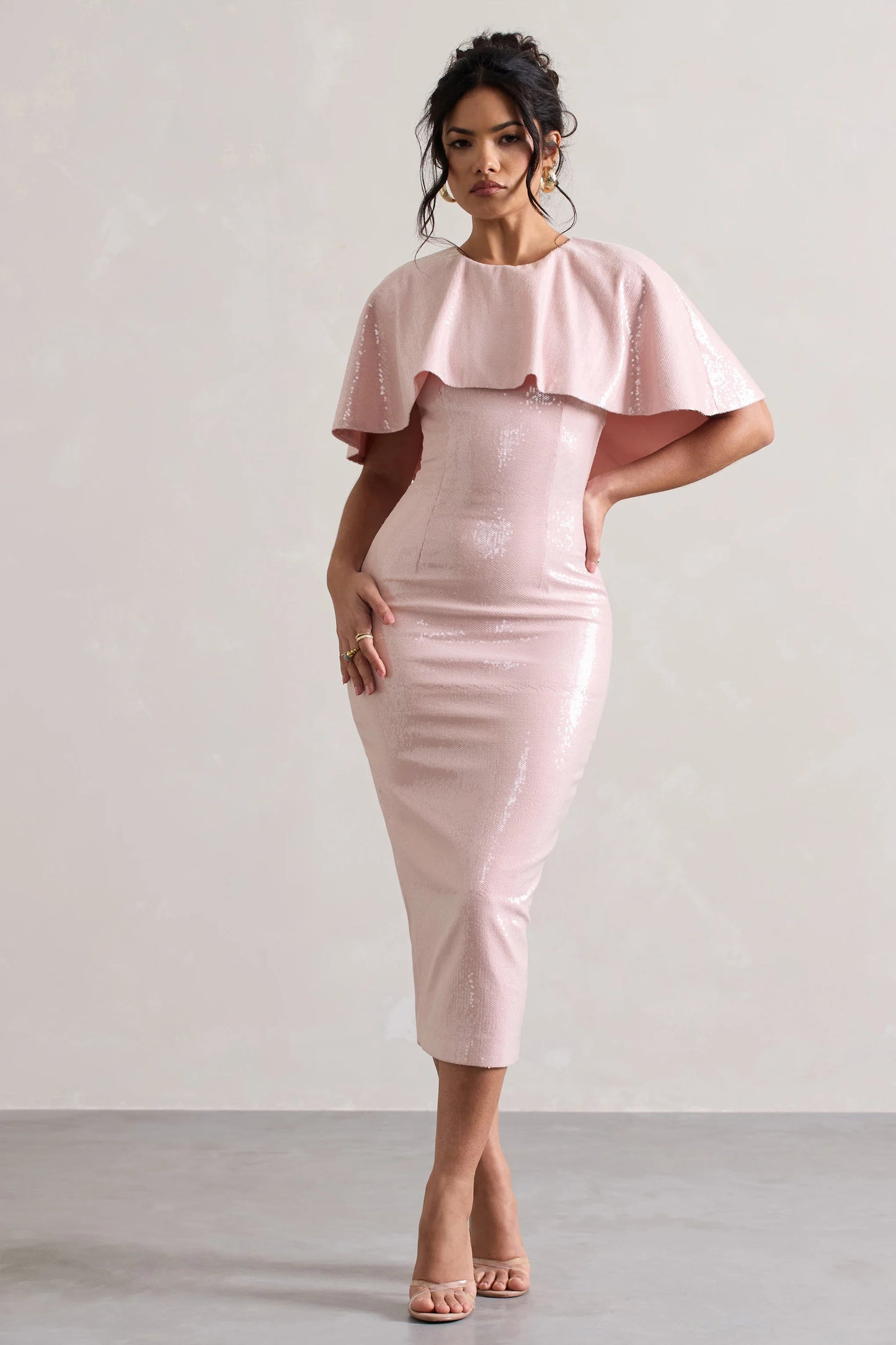 Amelie | Pastel Pink Sequin Midi Dress With Cape